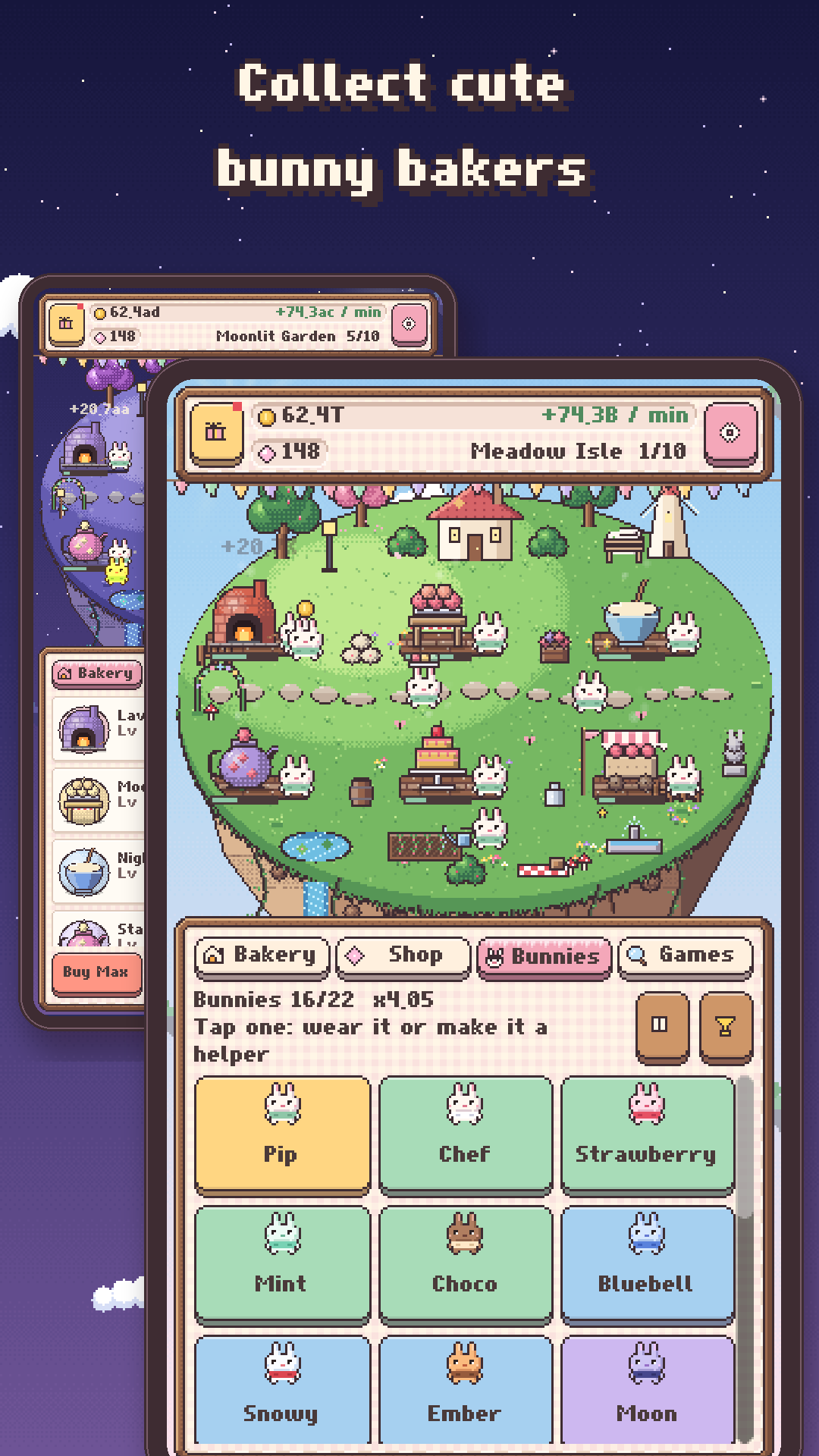 Collection screen with colourful bunny bakers