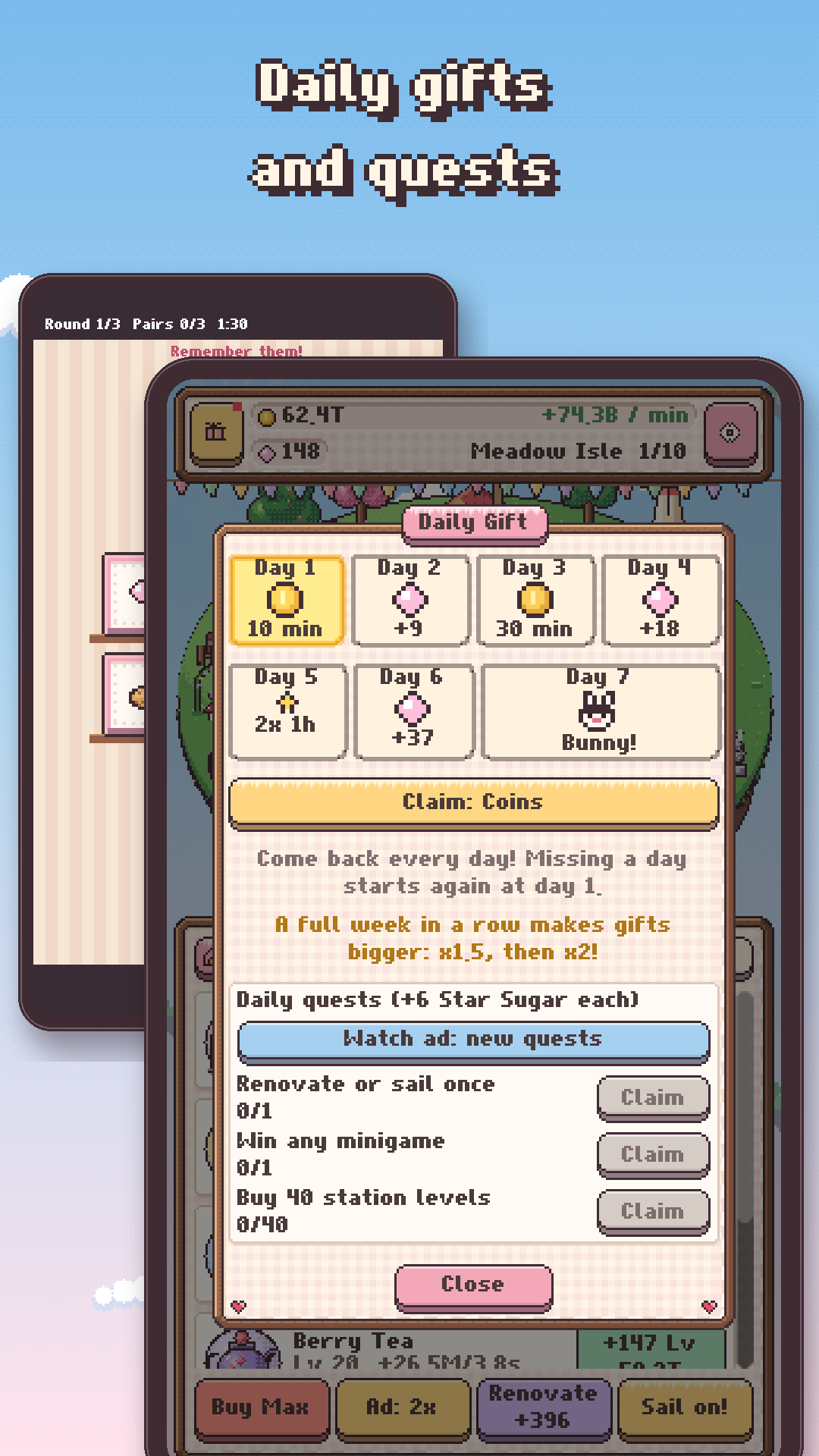 Daily gifts and quests screen with pastel reward tiles