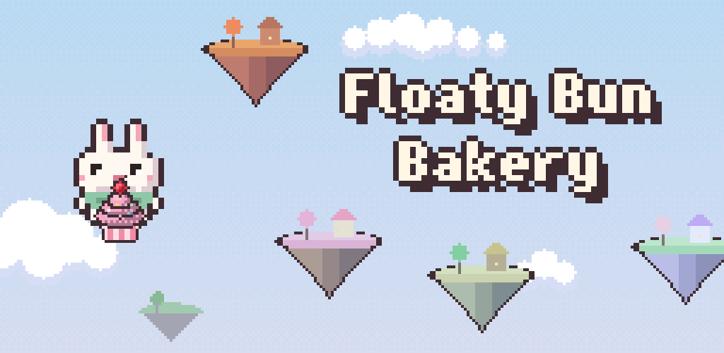Floaty Bun Bakery artwork showing a cute bunny carrying a cupcake among floating islands in a blue sky