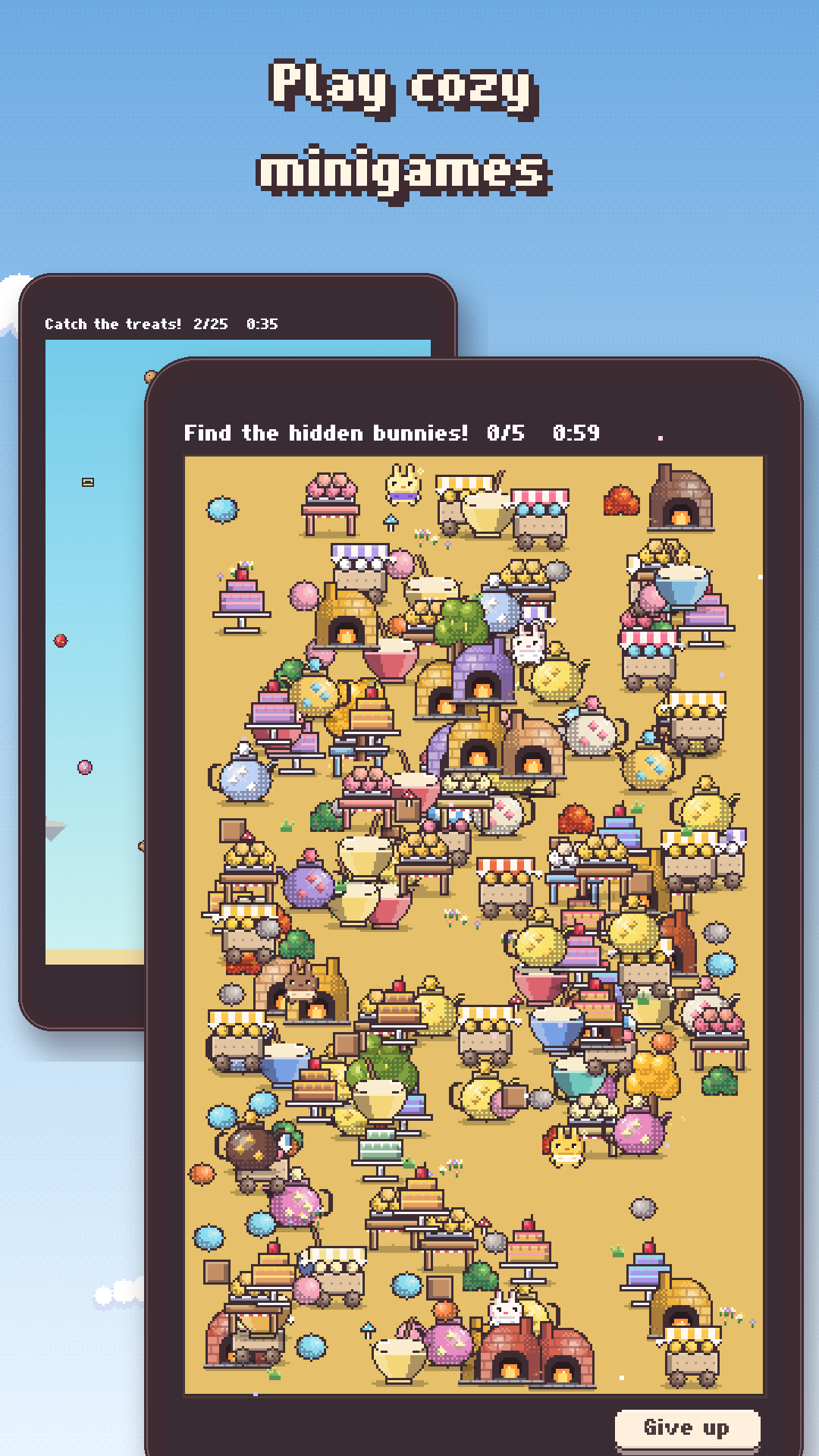 A hidden-bunny minigame filled with treats, carts, and bakery decorations
