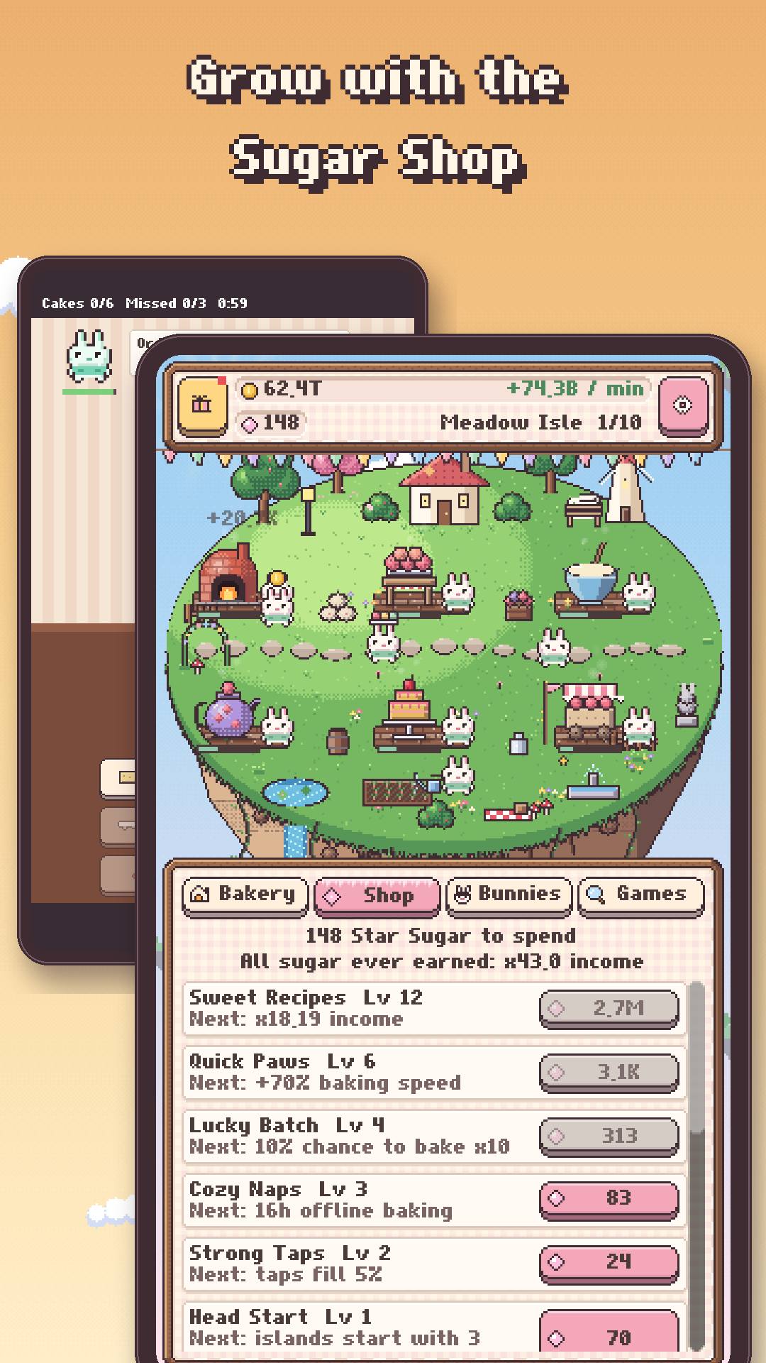 Sugar Shop upgrades and bakery boosts in a pastel pixel-art interface